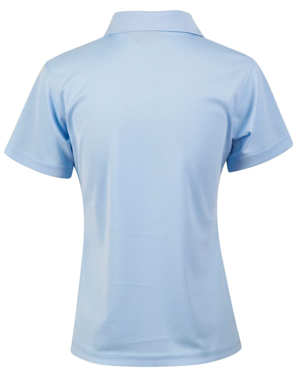 A light blue women's polo shirt with a short-sleeved design and a collar. It has a logo on it.