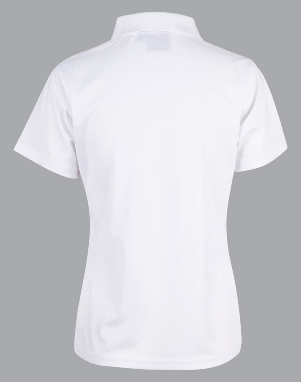A white short-sleeved polo shirt with a collar, featuring a logo on the back.