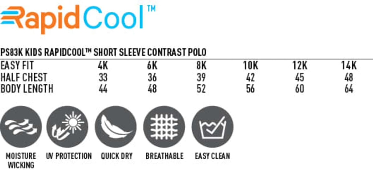 A chart displaying sizes and features of a Kids' Ultra Dry Short Sleeve Contrast Polo, featuring moisture wicking and UV protection.