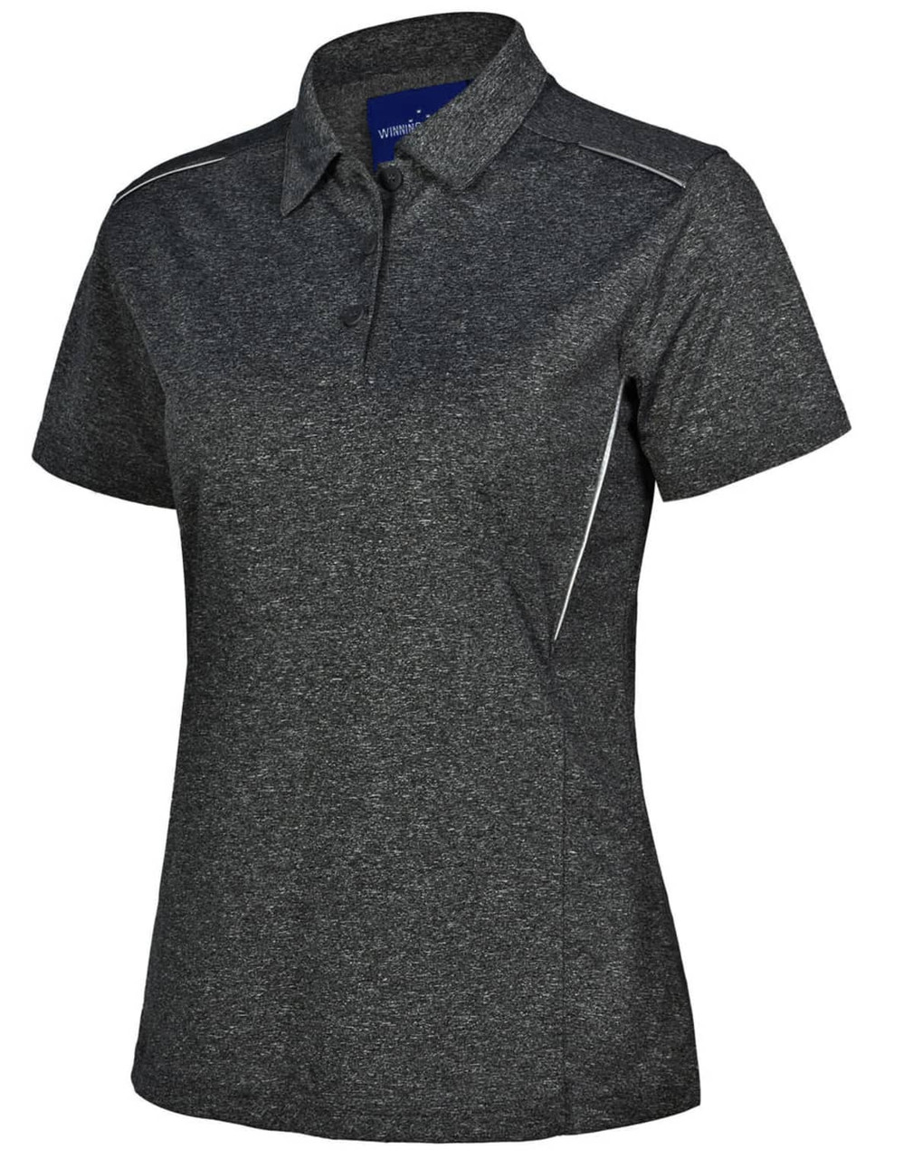 A women's short sleeve polo shirt in charcoal grey with white accents and a logo.