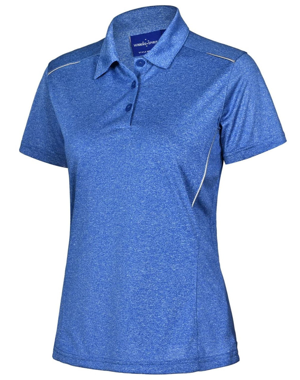 A blue ladies' short sleeve polo shirt with a collar and a logo, featuring a textured fabric.