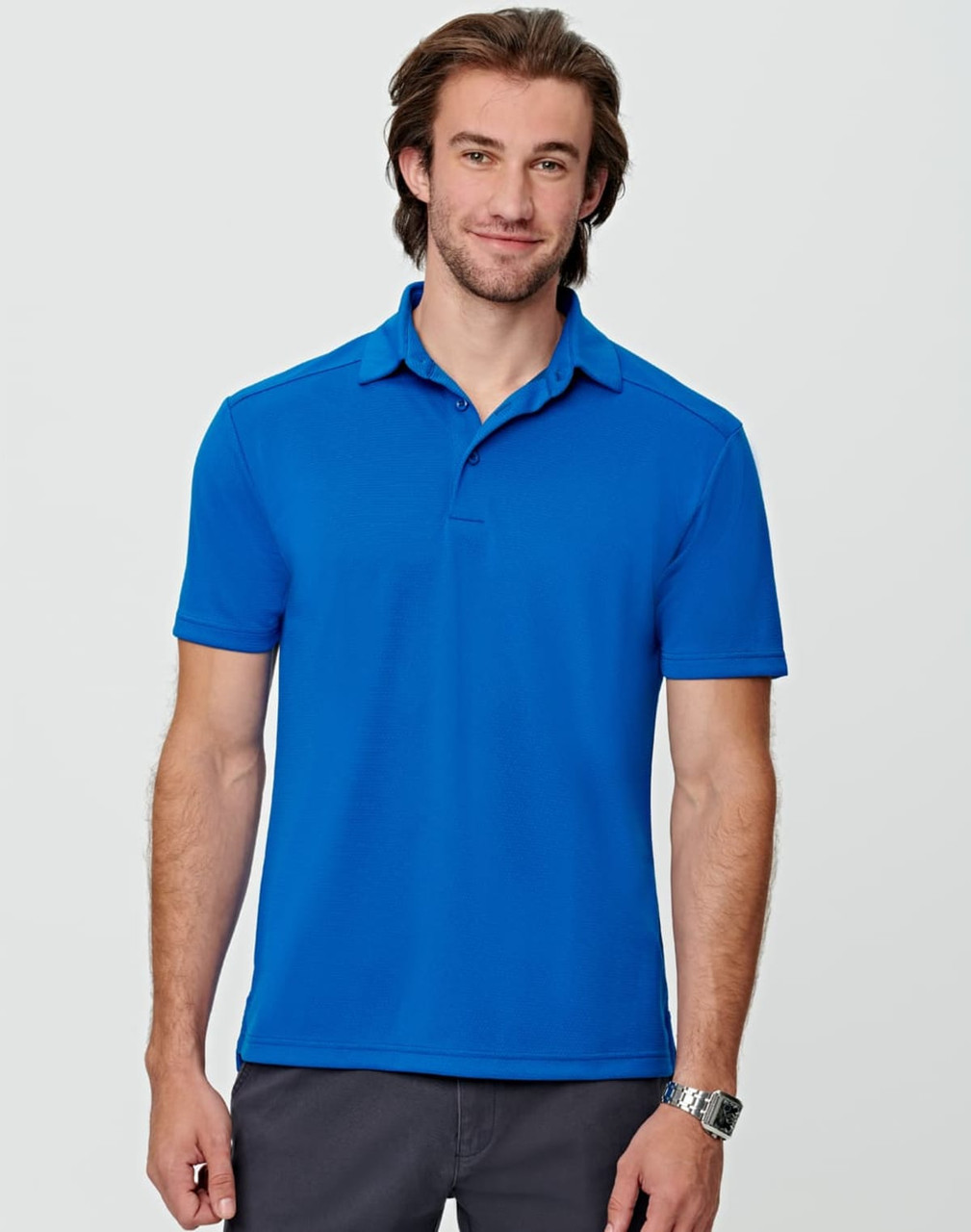 A blue men's polo shirt made from bamboo charcoal fabric, featuring a collar and a logo.
