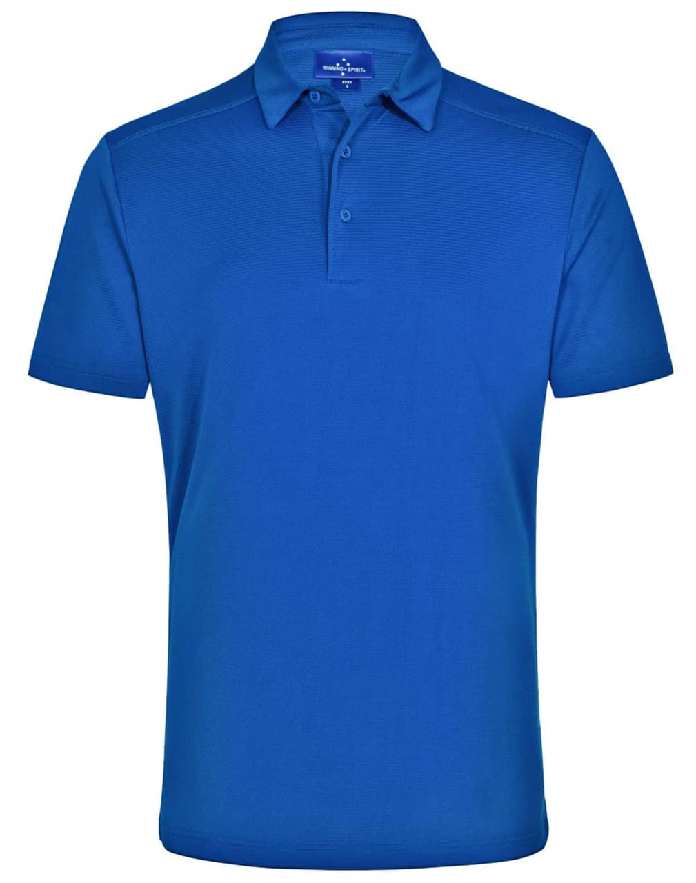 A blue men's bamboo charcoal polo shirt featuring a collar and a logo.