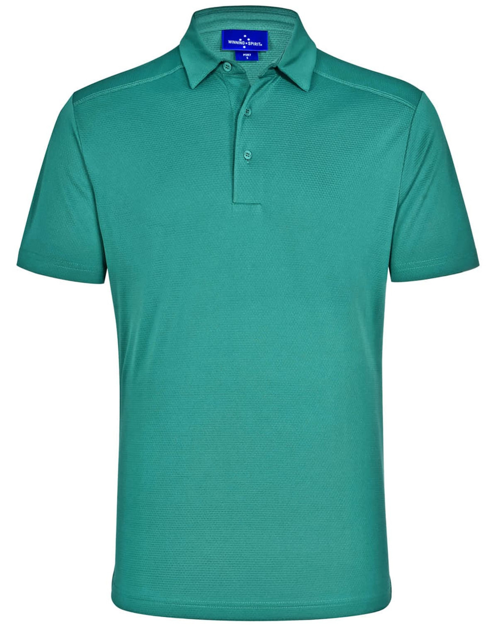 A turquoise polo shirt featuring a collar and short sleeves, with a logo on the label.