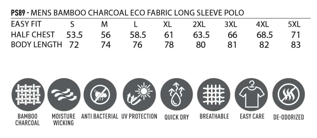 A long sleeve polo shirt in bamboo charcoal with a logo and various features listed, including moisture wicking and UV protection.