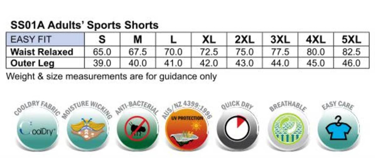 A pair of adult sports shorts in various sizes, featuring a logo, with details on waist and leg measurements.