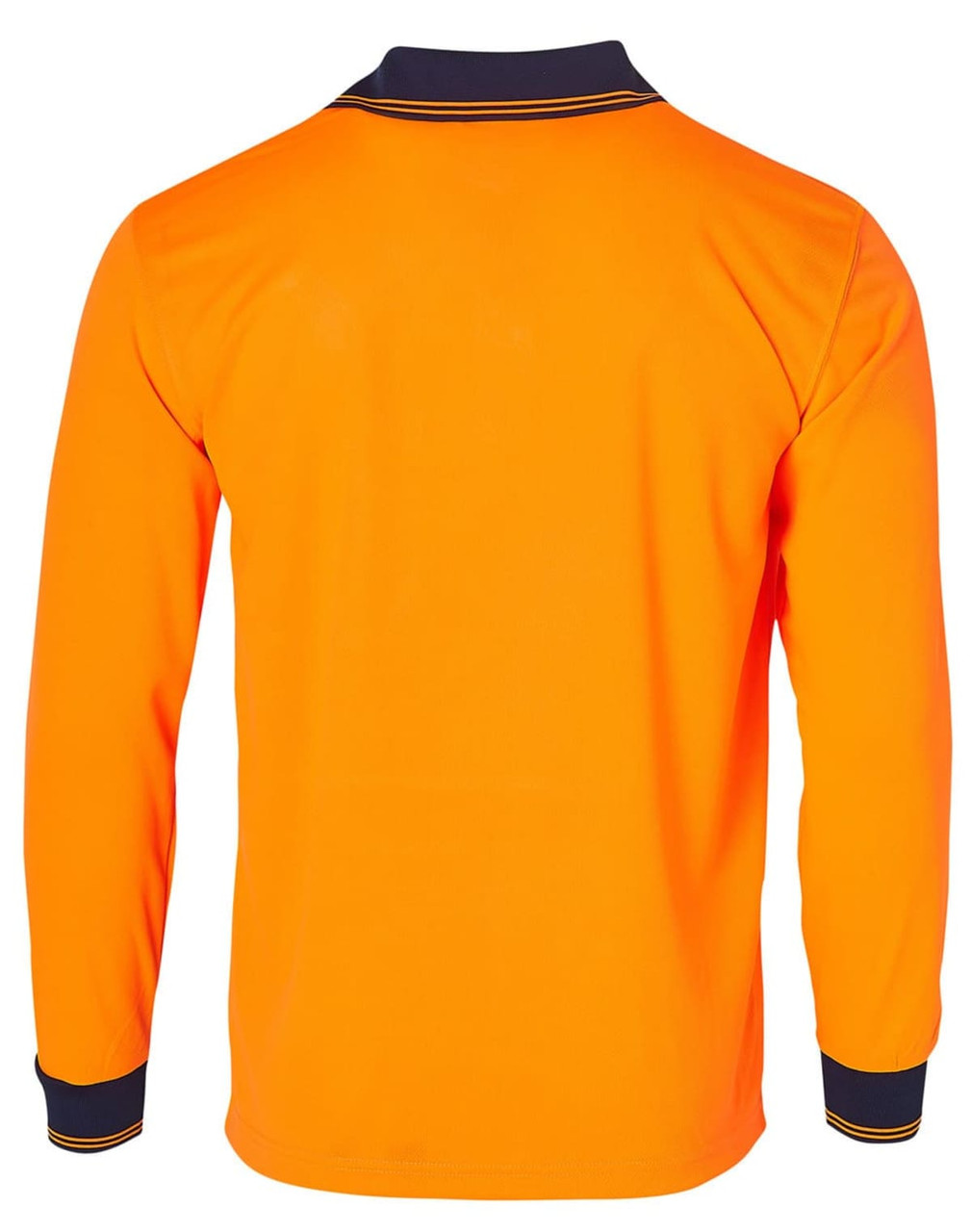 A long-sleeve polo shirt in bright orange with navy accents and a collar, featuring a logo on the chest.