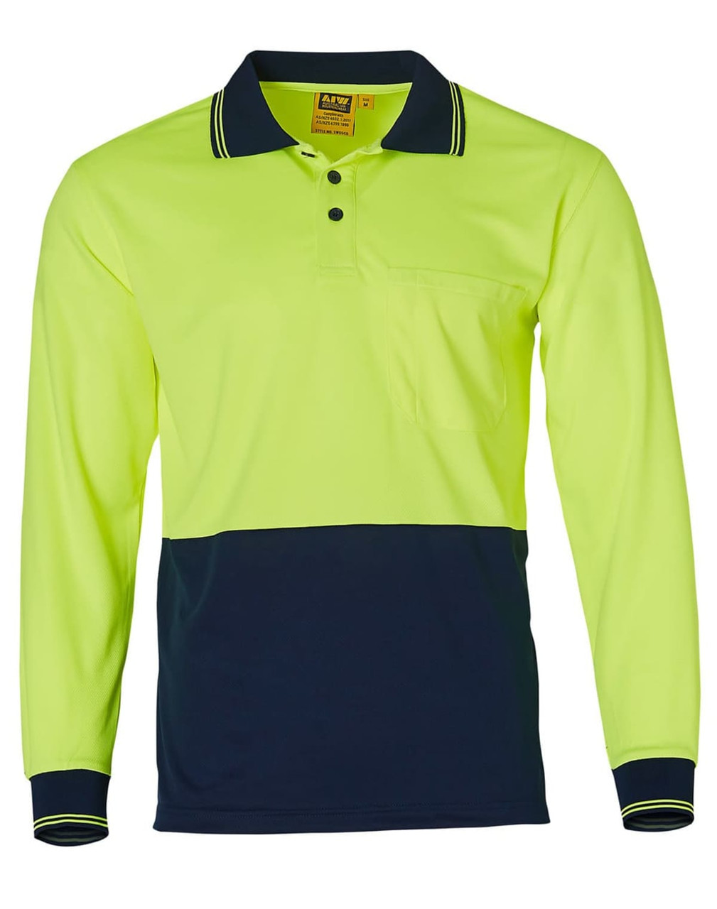 A long-sleeved work polo shirt in high-visibility yellow with a navy blue bottom panel and a pocket. It has a logo.