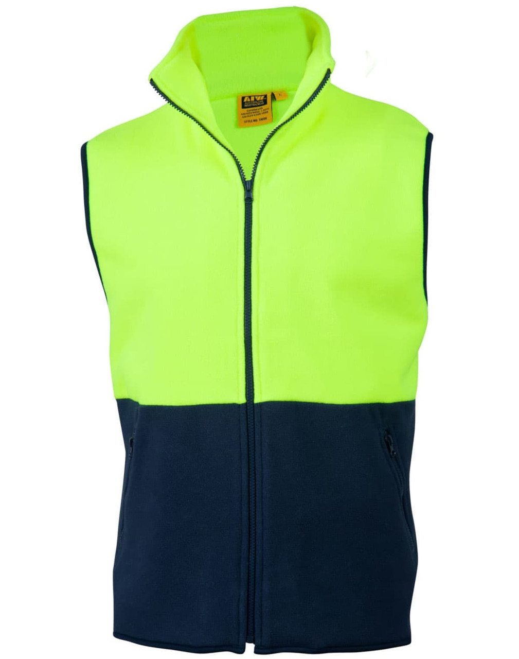 A Hi-Vis two tone polar fleecy vest in fluorescent yellow and navy blue with a zip and pockets.