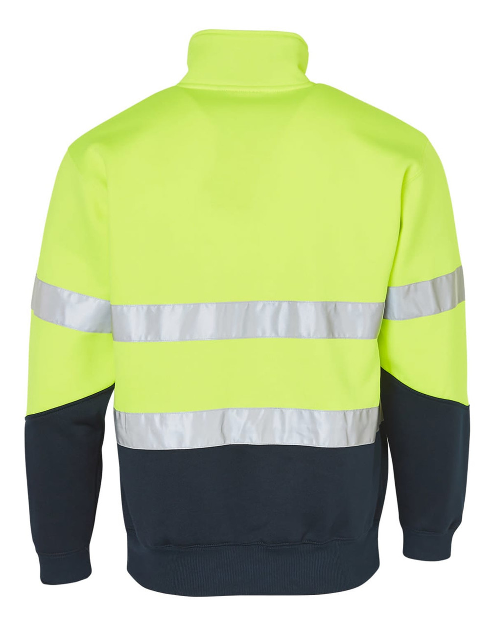 A high-visibility long-sleeve fleece collar sweater in bright yellow with reflective tape and a navy lower section.