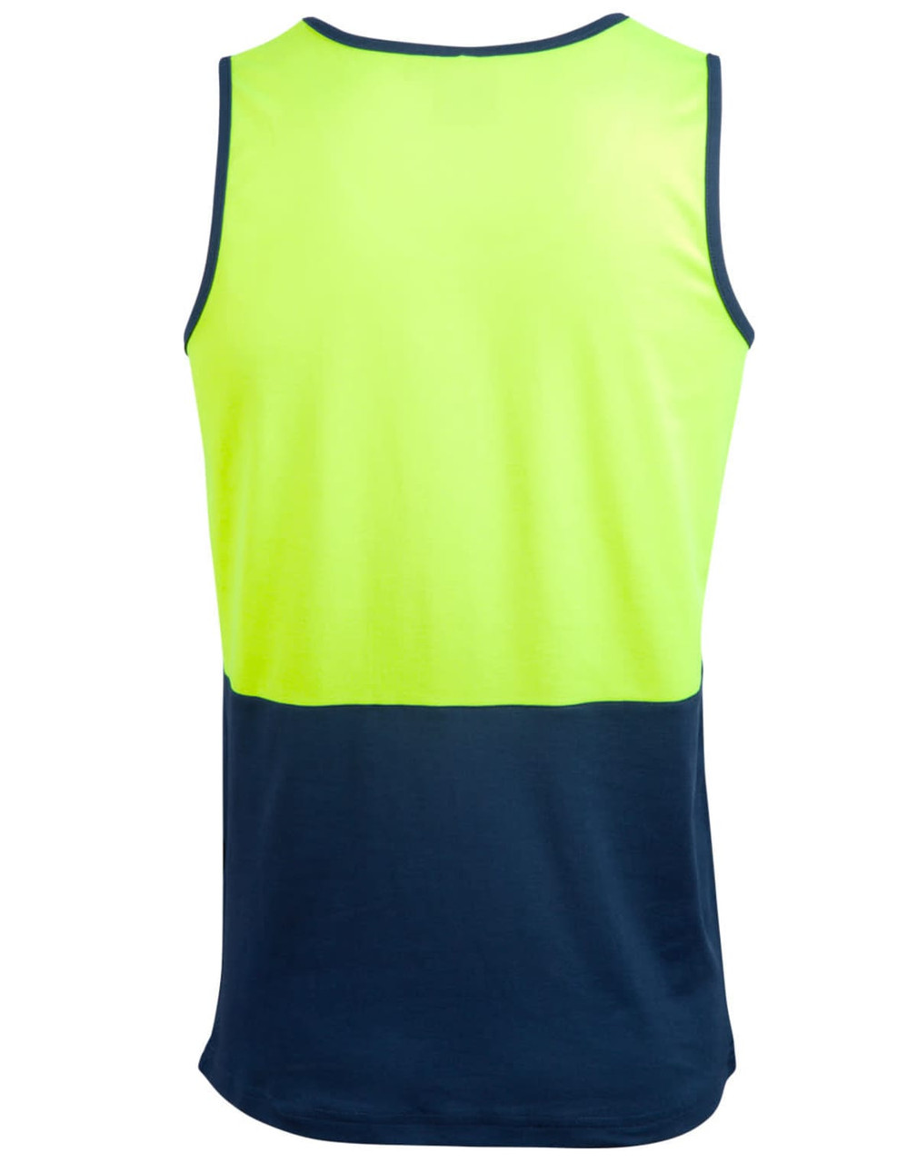 A Hi-Vis safety singlet featuring a bright yellow upper and a navy blue lower section. Includes branding.