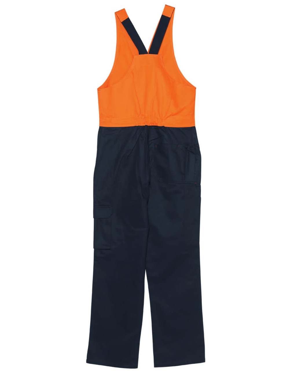 Two-tone men's overalls featuring an orange top and navy bottom, designed with adjustable straps and multiple pockets.