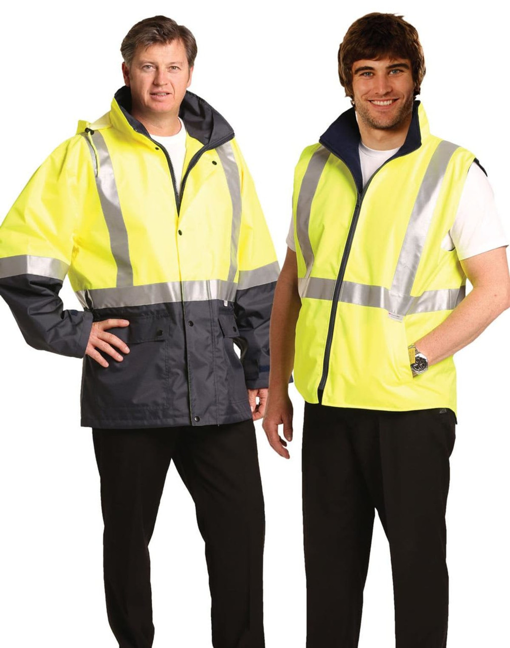 Hi-Vis three-in-one safety jacket in yellow and navy, featuring reflective 3M tapes, worn by two male models.
