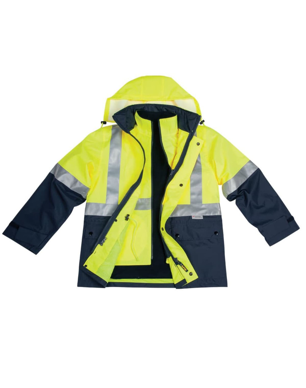 A high-visibility three-in-one safety jacket in bright yellow and navy, featuring reflective strips and a detachable inner layer.