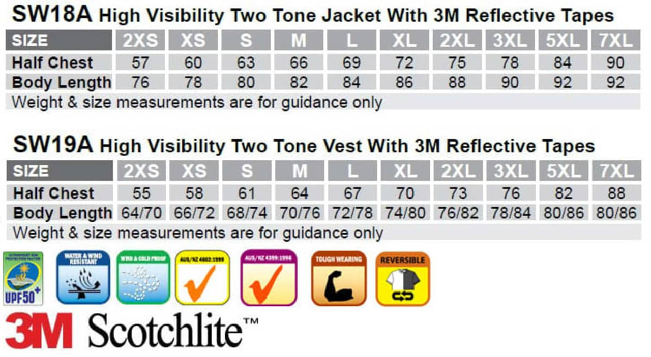 A table displaying size measurements for a Hi-Vis Two Tone Jacket and Vest featuring 3M reflective tapes.