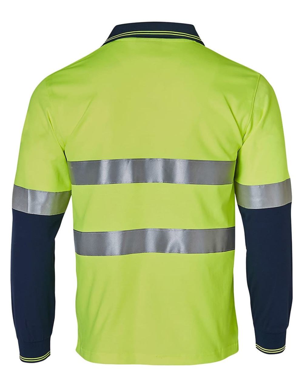 A long-sleeve work polo shirt in high visibility yellow with navy sleeves and reflective tape stripes.