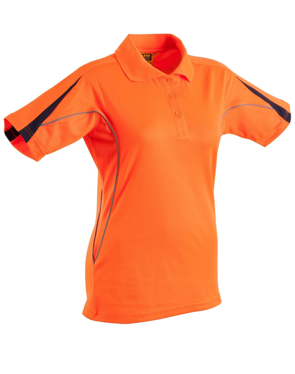 A bright orange short-sleeve polo shirt with black accents and a logo. Ideal for workwear use.