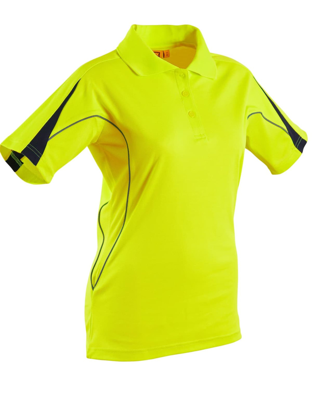 A ladies' short sleeve polo shirt in high-visibility yellow with black detailing and a logo.