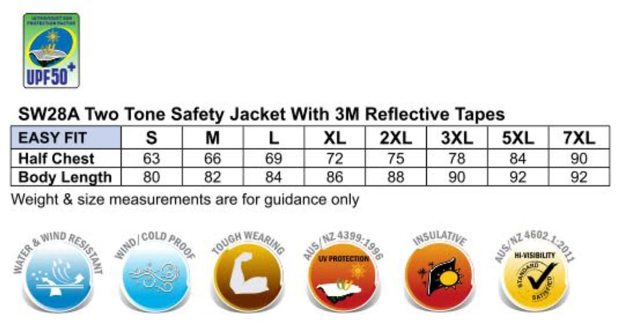 Hi-Vis two-tone rainproof quilted safety jacket with reflective tapes, available in various sizes. Features a branding logo.