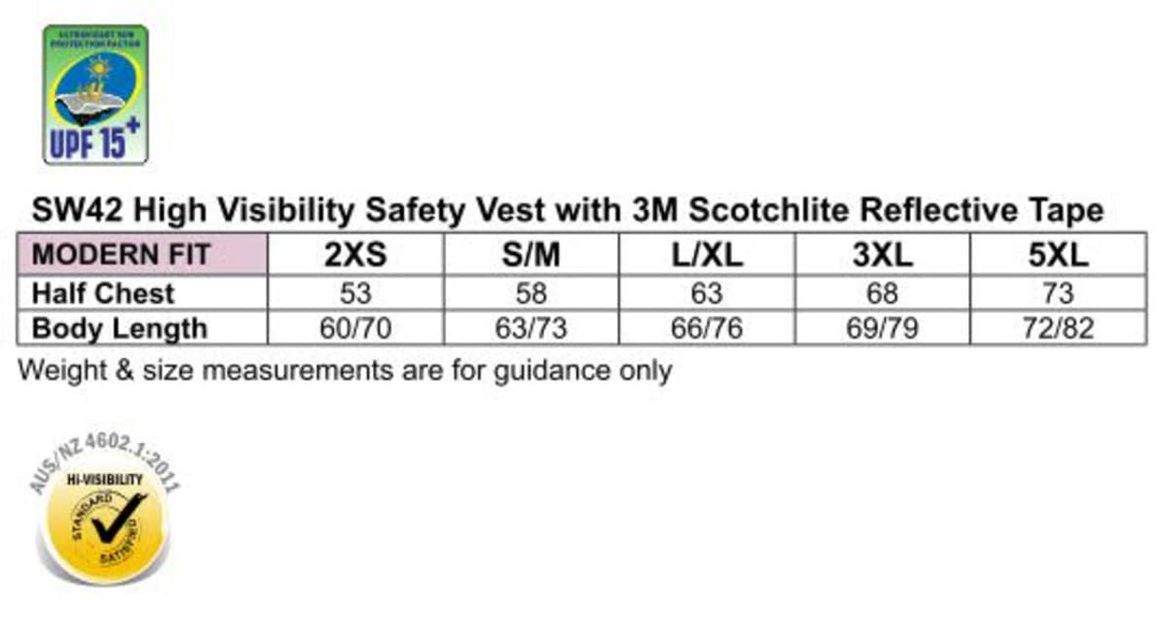 A high visibility safety vest in fluorescent yellow featuring reflective tape and an ID pocket. It includes size measurements.
