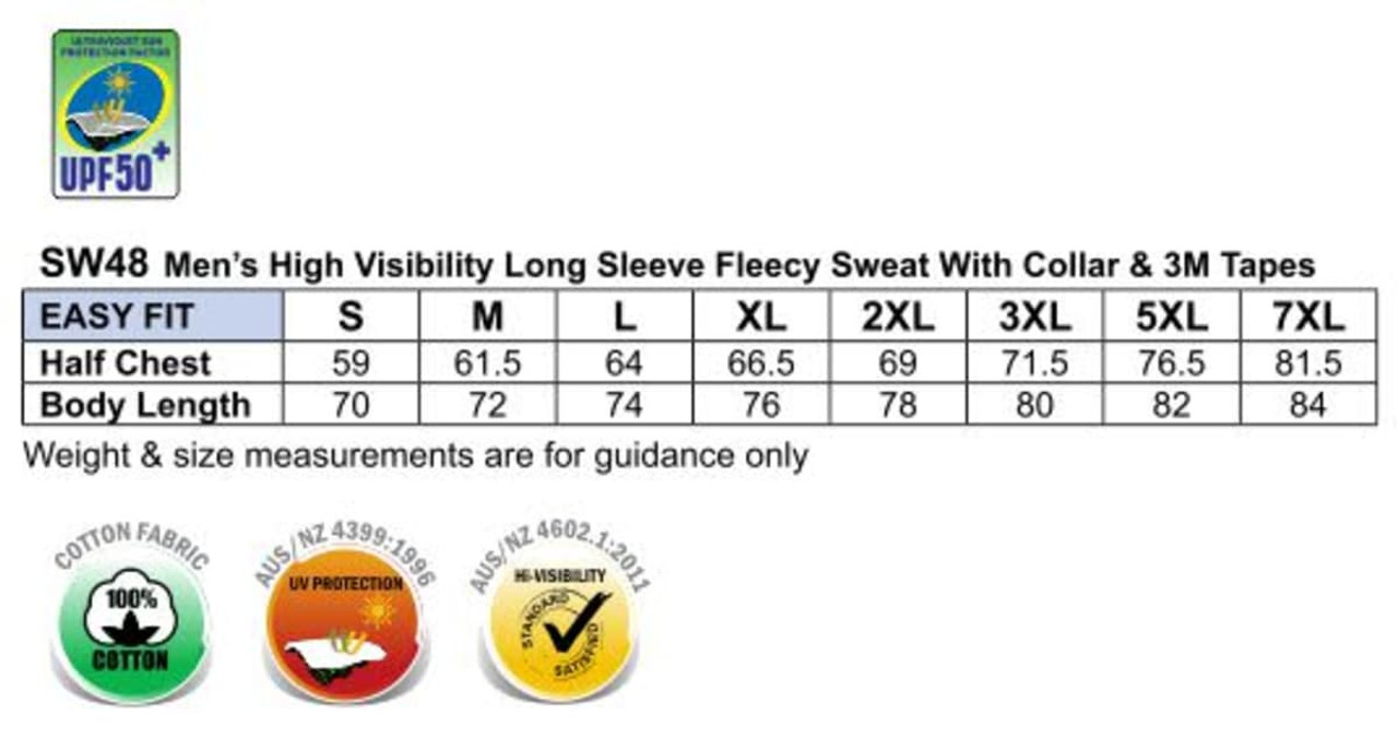 A high-visibility two-tone cotton fleecy sweatshirt with 3M tapes, featuring various sizes and a logo.