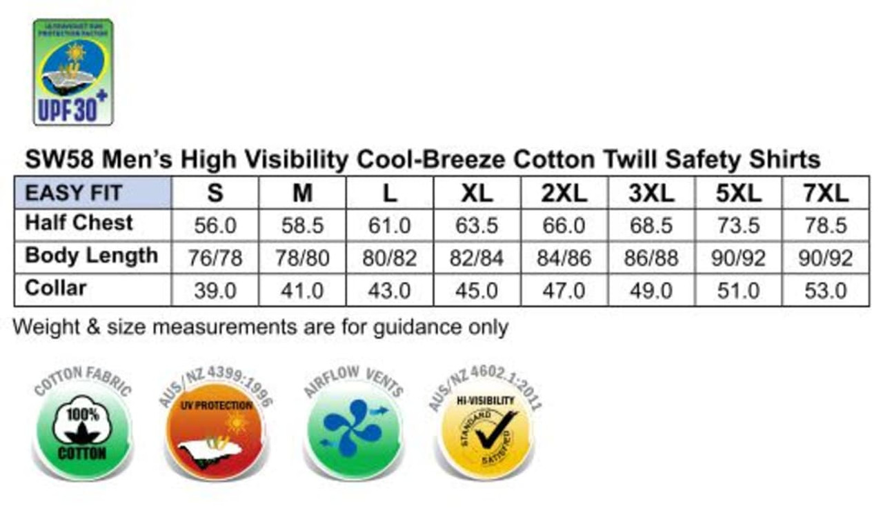 Hi-Vis two tone Cool-Breeze long sleeve cotton work shirt in yellow and navy, featuring a logo and various size measurements.