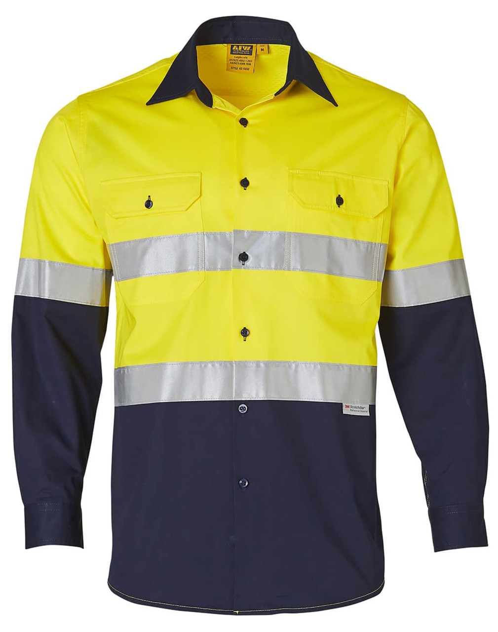 A high-visibility cotton drill shirt featuring yellow and navy colours with reflective stripes and a branding label.