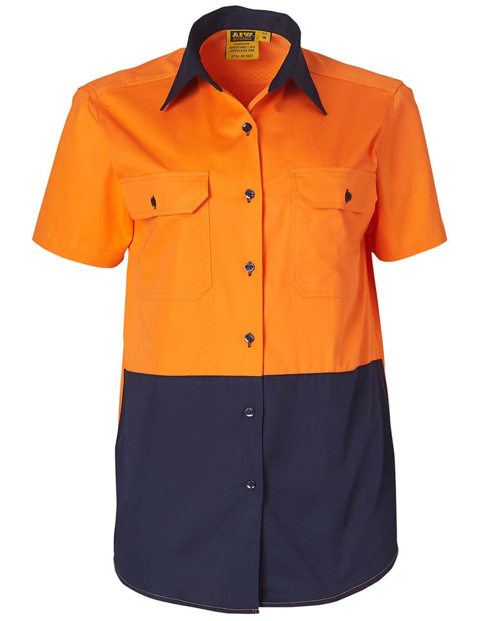 A short-sleeved safety shirt in bright orange and navy blue, featuring two chest pockets and a logo.