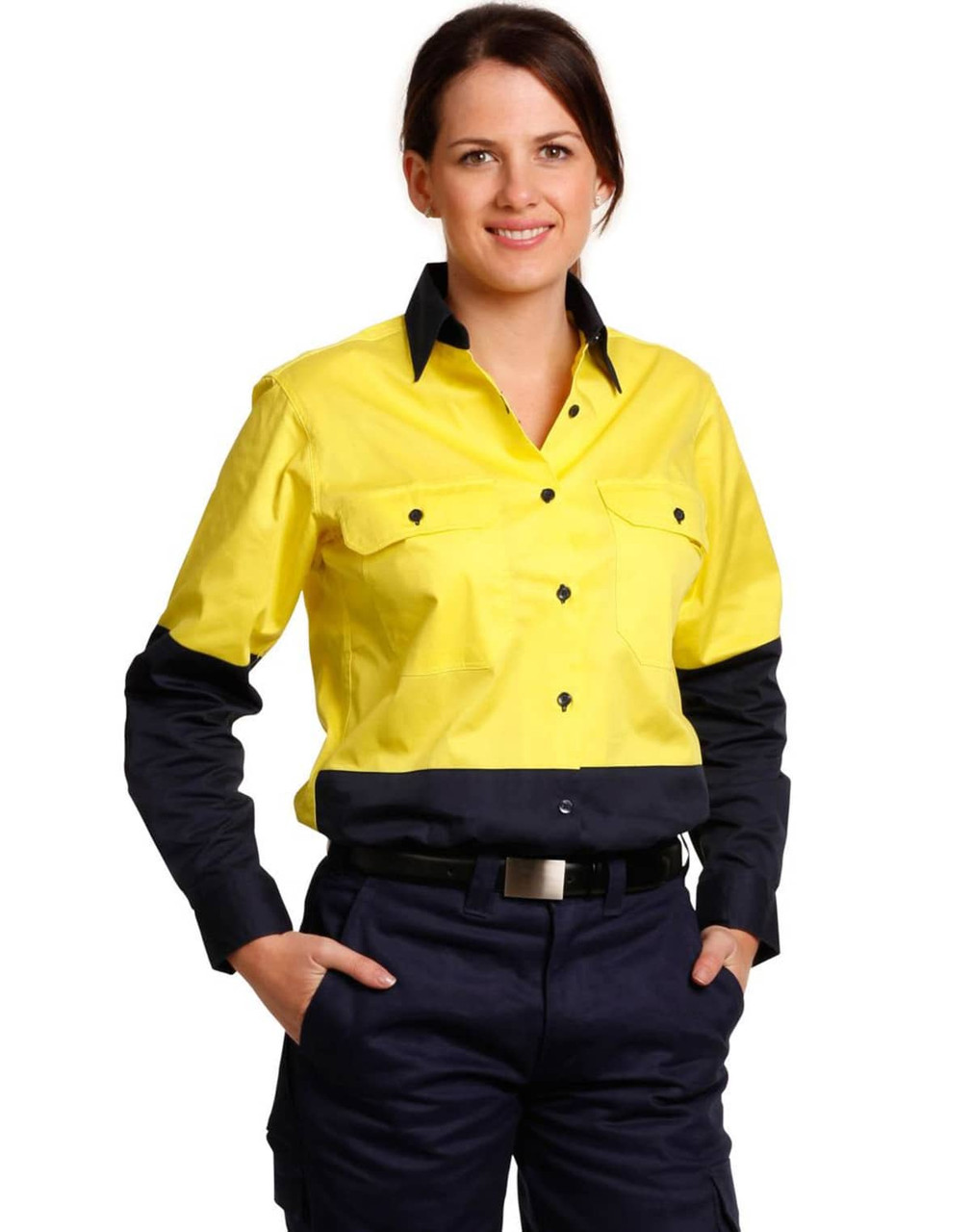 A women's long-sleeve safety shirt in hi-vis yellow with navy blue sleeves, featuring pockets and a collar.