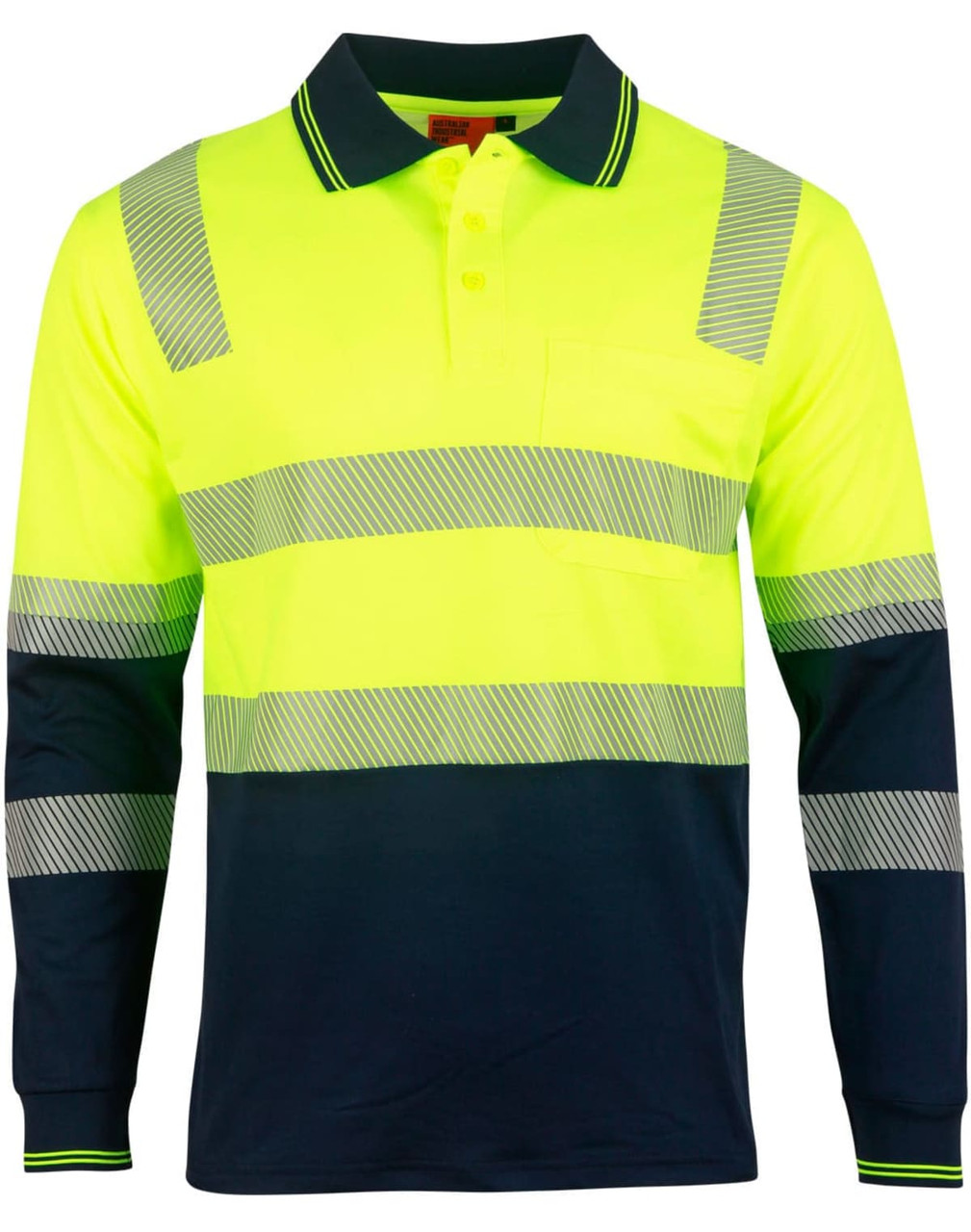 A long-sleeved safety polo in fluorescent yellow with grey reflective stripes and navy blue sleeves. Features a chest pocket and logo.