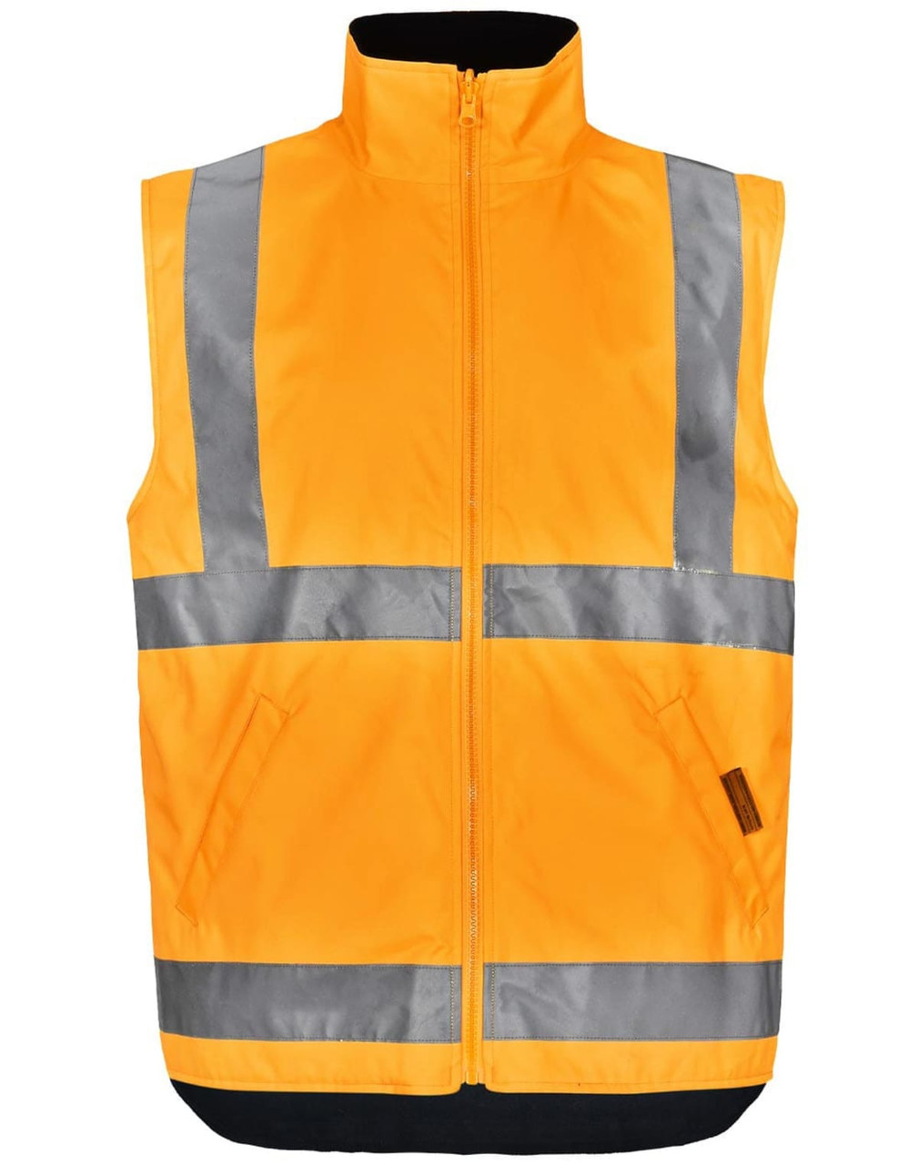 A reversible safety vest in bright orange with reflective stripes and a high collar, featuring two side pockets and a logo.