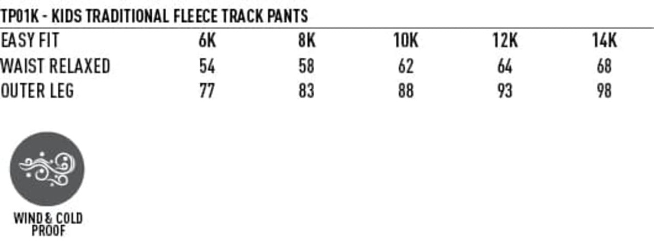 A pair of kids' fleecy track pants in various sizes, featuring zip cuffs and knee padding. They are wind and cold proof.