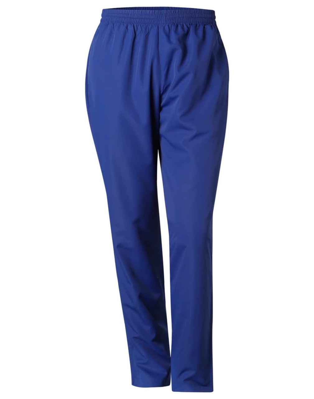 Blue track pants with an elastic waistband and tapered design, featuring a logo on the side.