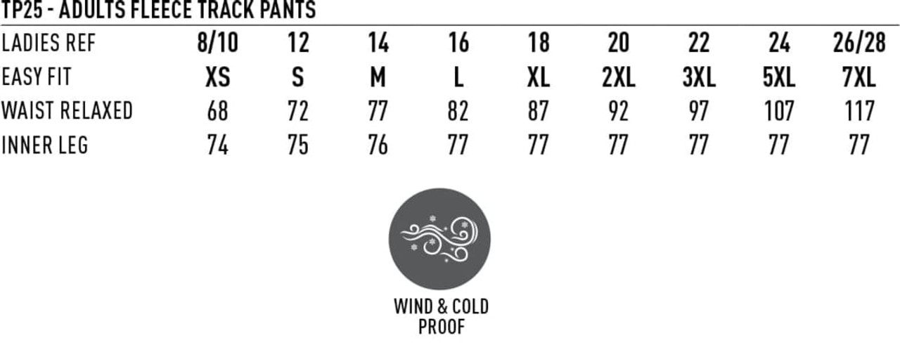 A chart displaying size options for adults' fleece track pants, featuring relaxed waist measurements and inner leg lengths.