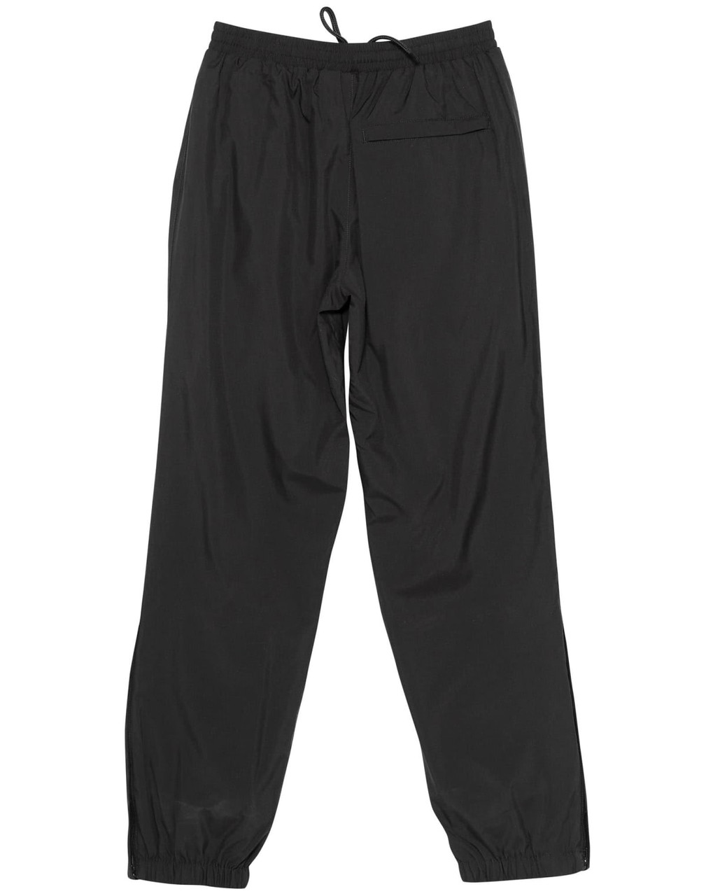 Black warm-up pants with an elastic waistband and fitted cuffs, featuring a back pocket and a logo.