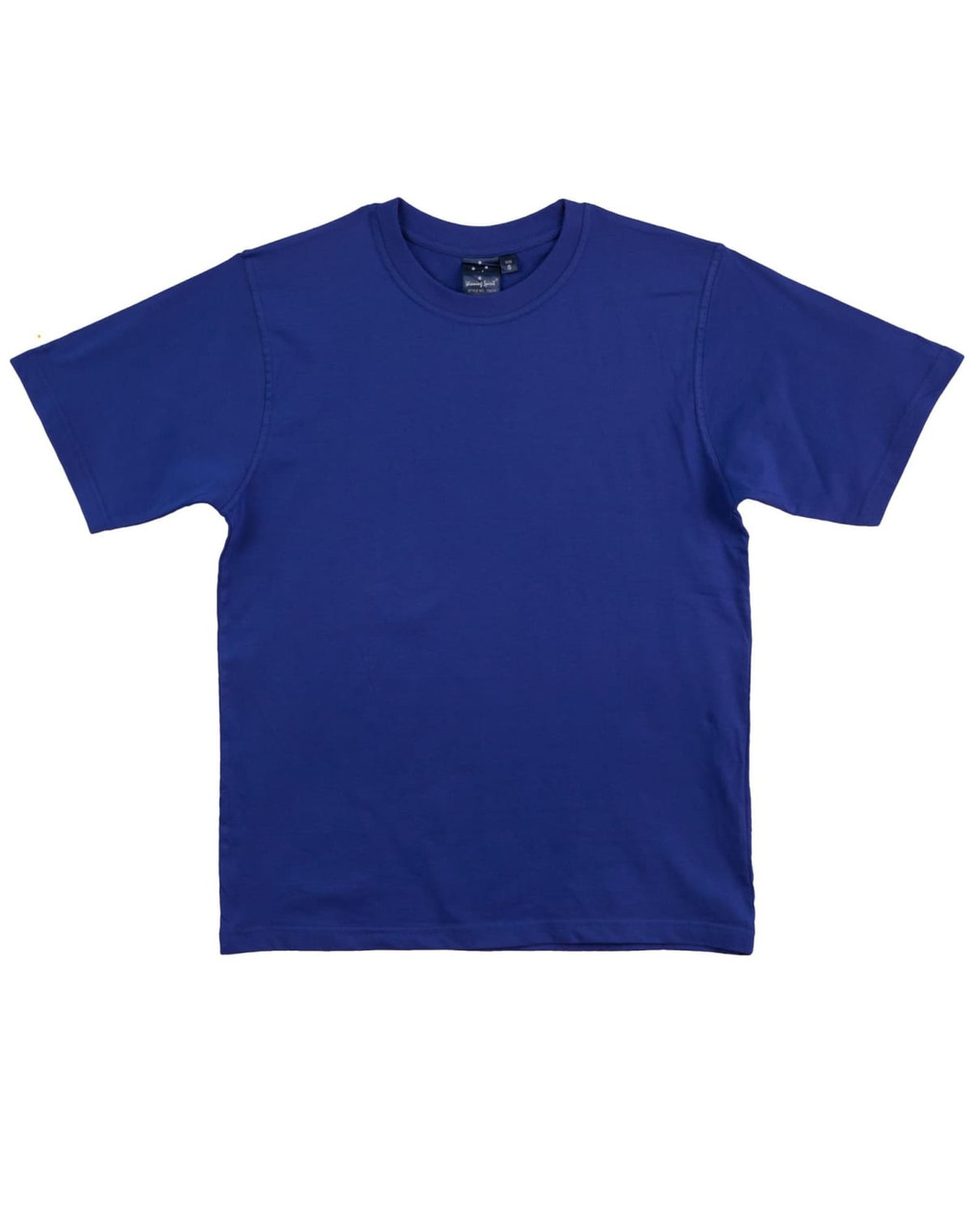 A blue premium tee featuring a classic crew neck design and short sleeves. It has a logo on the label.