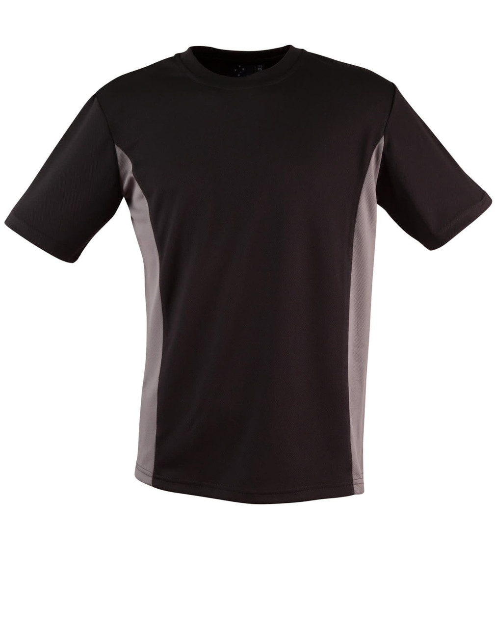 A short-sleeved t-shirt in black with grey contrast panels, featuring a logo on the front.