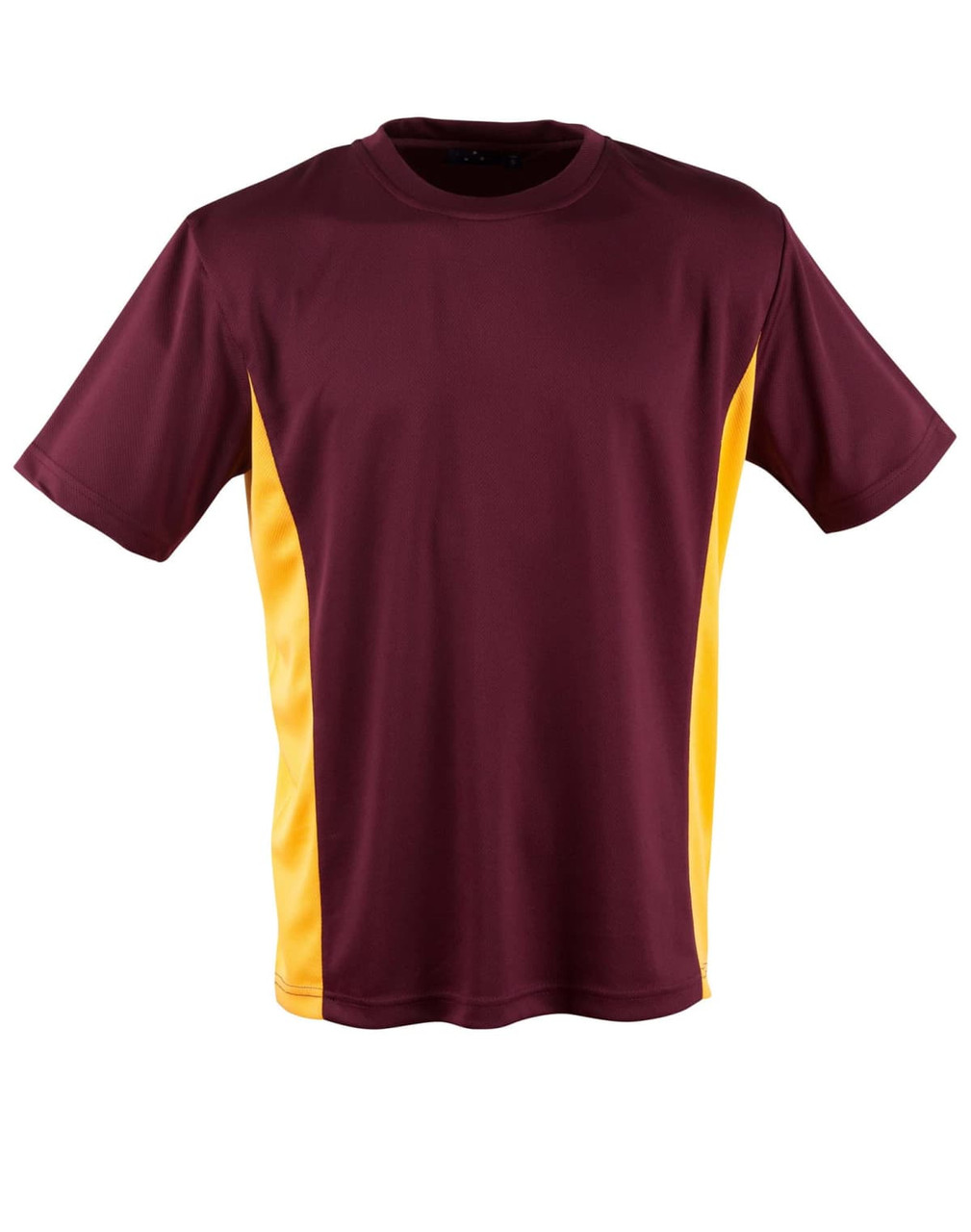 A maroon and yellow short-sleeved T-shirt with a logo on the chest. The shirt features contrasting side panels.