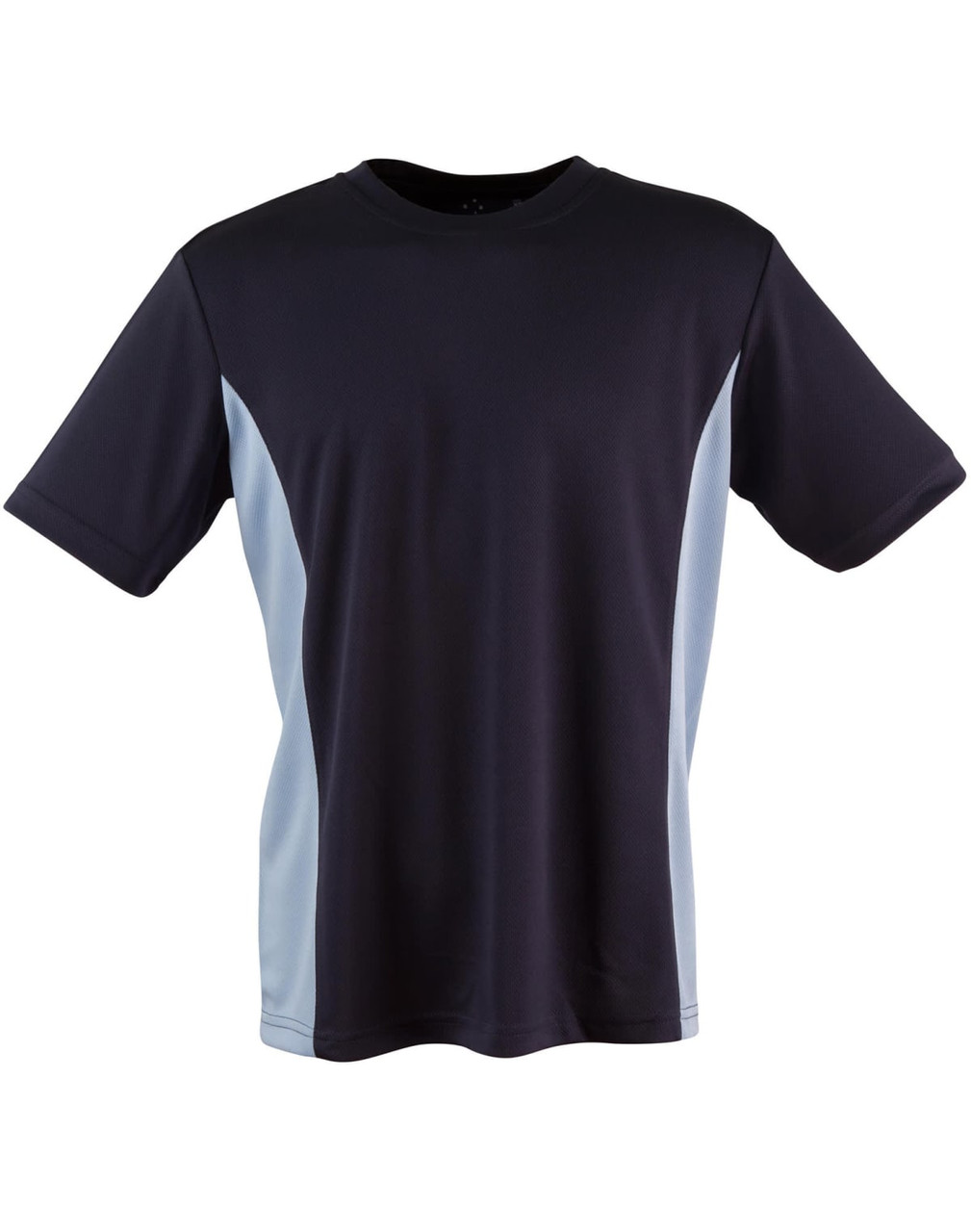 A kids' short-sleeve T-shirt in navy blue with light blue contrast panels, featuring a logo.