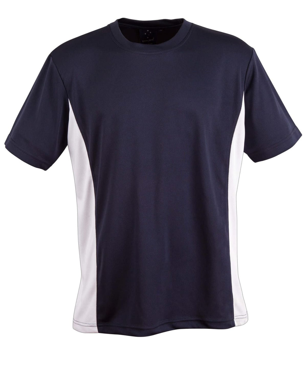 A navy and white kids' short-sleeve contrast tee with a logo. Suitable for casual wear or sports activities.