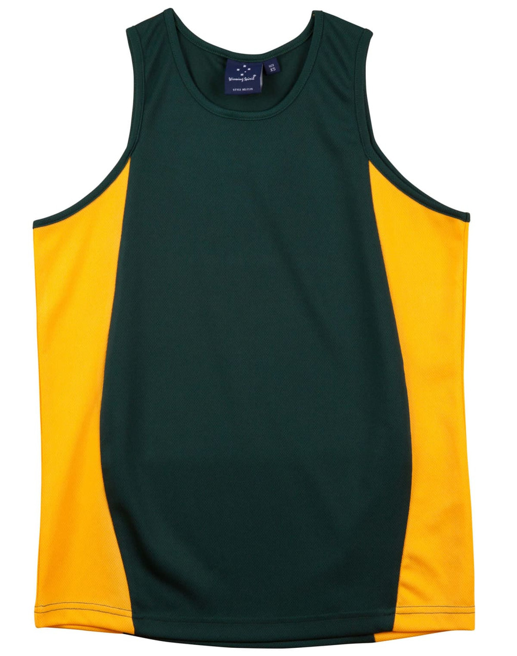 A green and gold men's singlet featuring a contrast mesh design and a logo on the inside label.