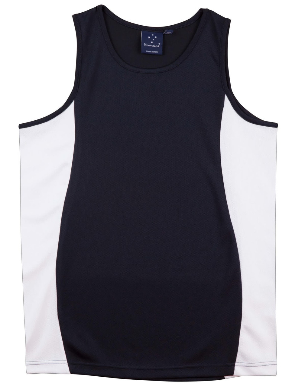 A black and white men's singlet featuring a contrast mesh design and a logo.
