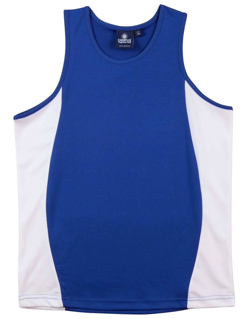 A blue and white kid's singlet featuring contrast mesh panels and a logo.