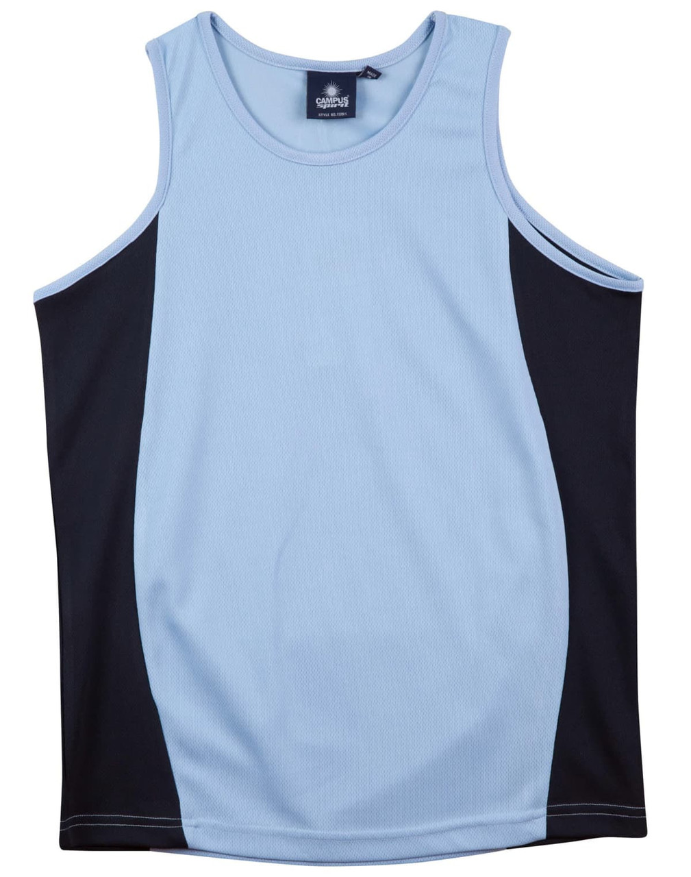 A light blue and black kid's singlet with a contrast mesh design and a logo label on the collar.