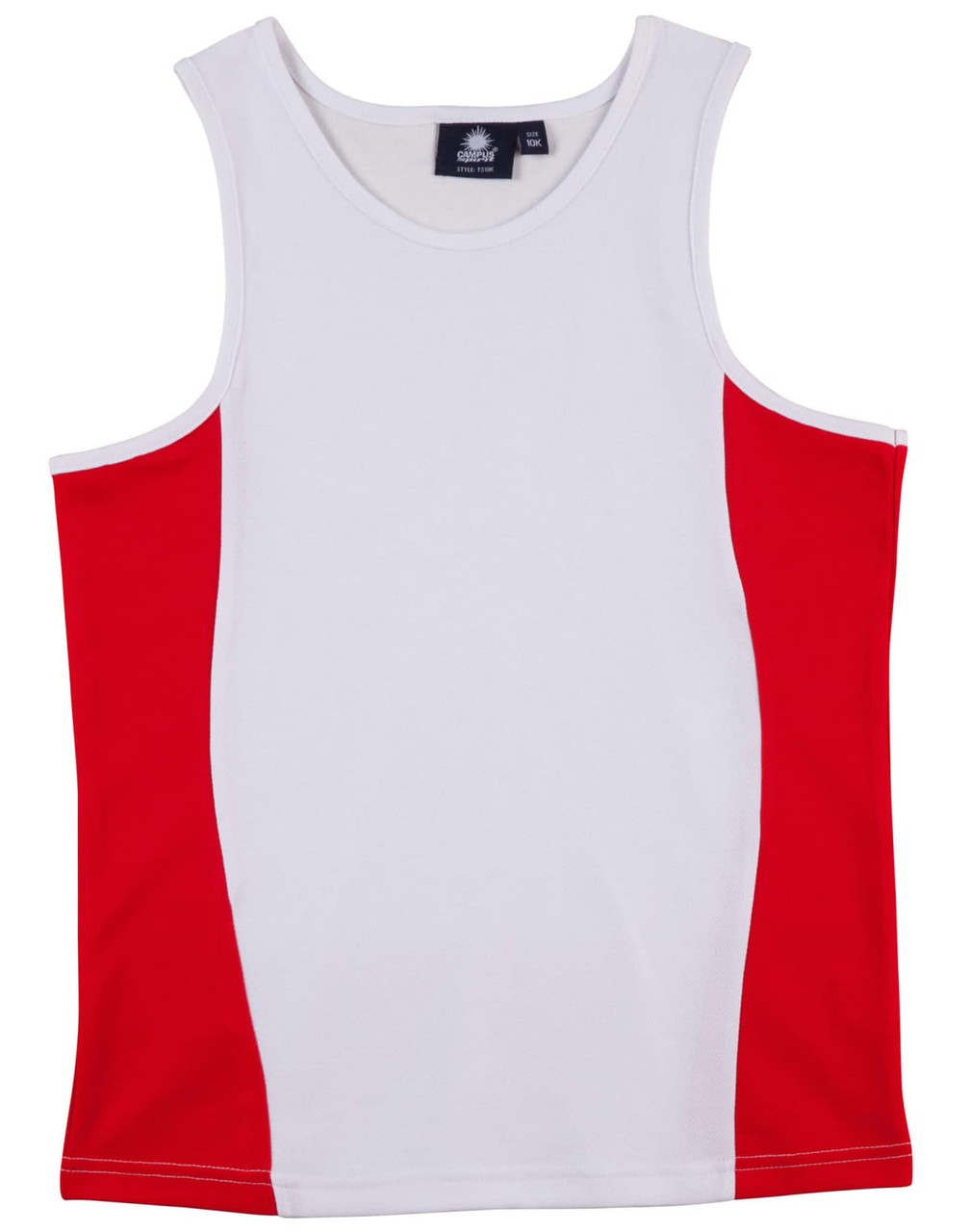 A white and red contrast mesh singlet featuring a logo, perfect for kids.