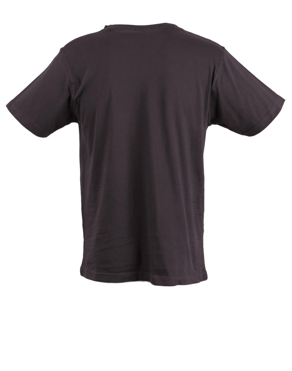 A black unisex cotton t-shirt with short sleeves and a plain back, featuring a logo.