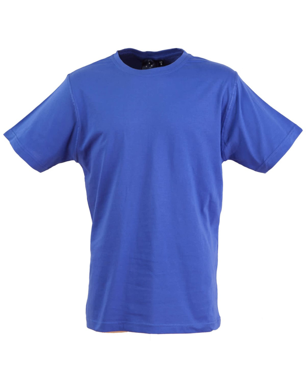 A blue unisex cotton T-shirt with short sleeves and a round neckline, featuring a logo.