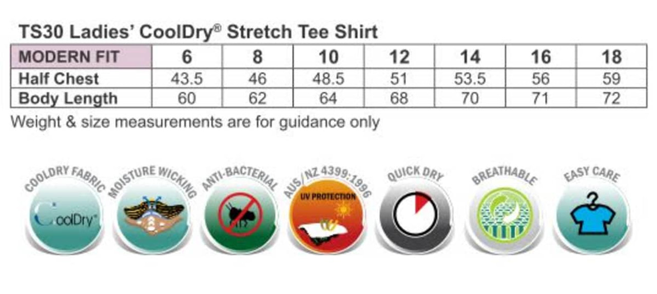 A chart displaying size measurements for the Ladies' Cooldry Stretch Tee in various sizes, featuring fabric properties.