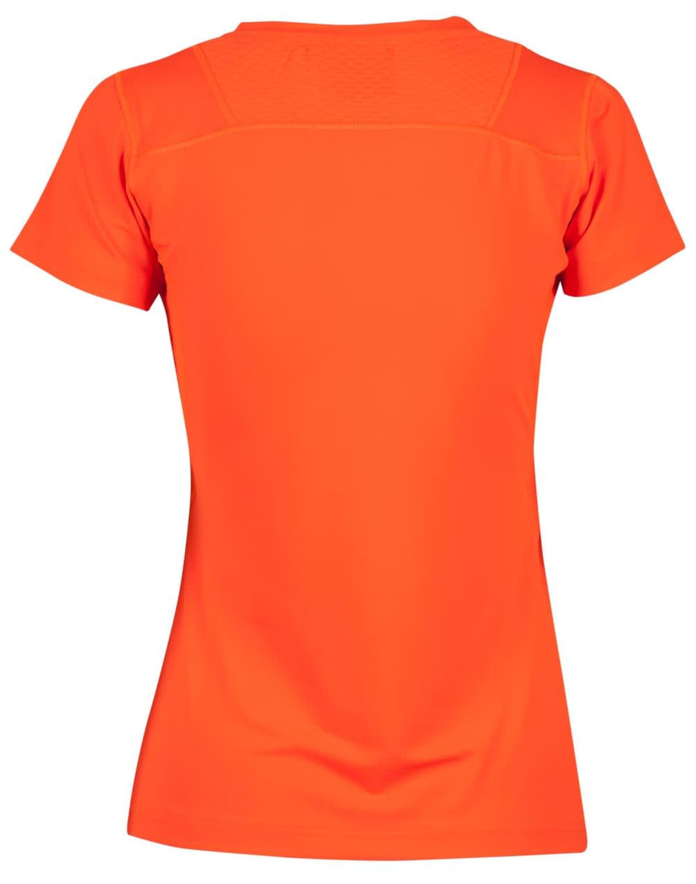 A ladies' orange Cooldry stretch tee with a fitted design and short sleeves. The back features textured detailing and a logo.