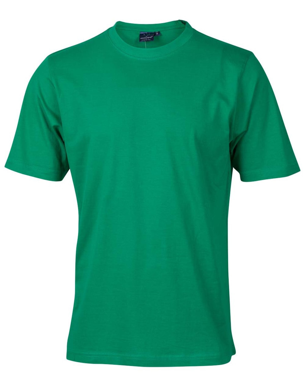 A green semi-fitted cotton T-shirt with short sleeves. It features a logo on the label.